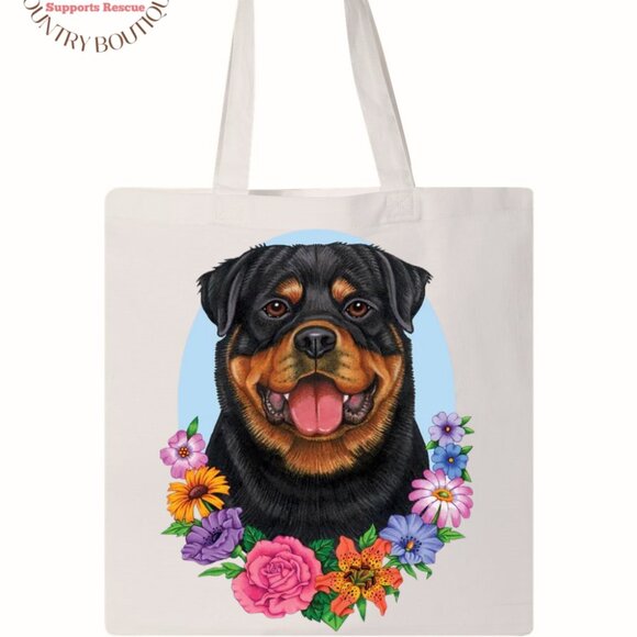 Rottweiler Dog & Flowers 2-Sided Canvas Tote Bag - Picture 1 of 2